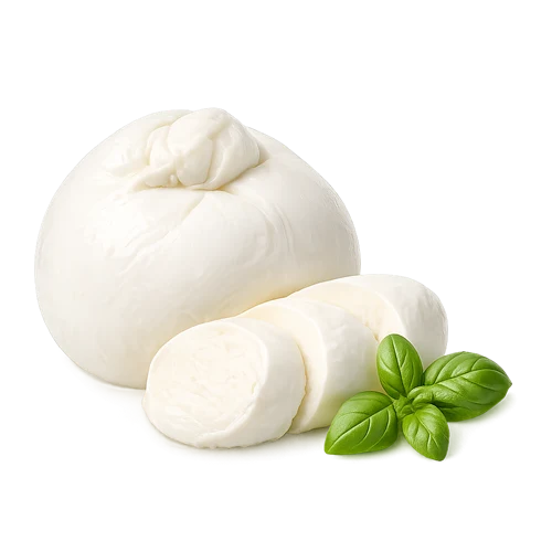 Aufgeschnittener weißer Mozzarella Käse mit Basilikum